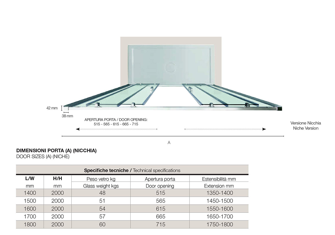 Box doccia PSC57 ( porta scorrevole due ante centrali + lato fisso ) -  Pavone Casa - Arredo bagno e design Made in Italy