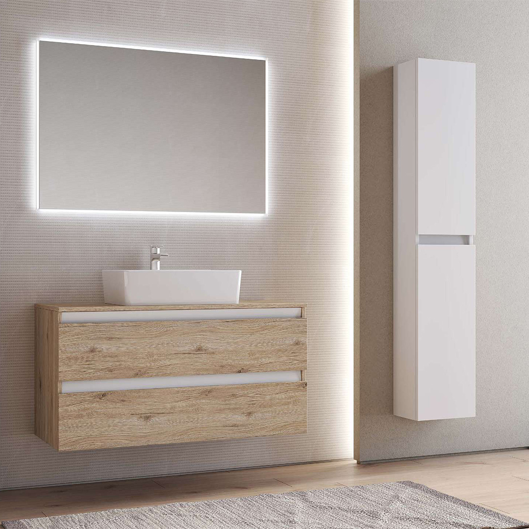 Mobile bagno sospeso 100 cm Smart bianco legno con specchio contenitore