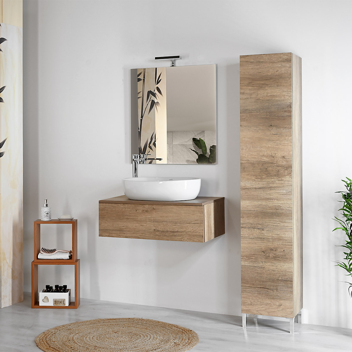 Mobile bagno sospeso 80 cm con lavabo specchio e colonna maiolica grigio